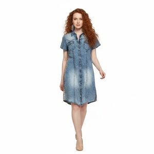 Emma G Distressed Denim & Patchwork Back Button-Front Shirt Dress - Size S